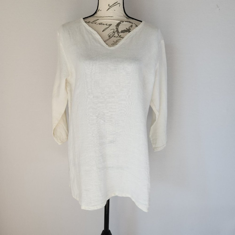 Subtle Tones 100% Linen Popover Top V-Neck 3/4 Sleeve White Made in USA
